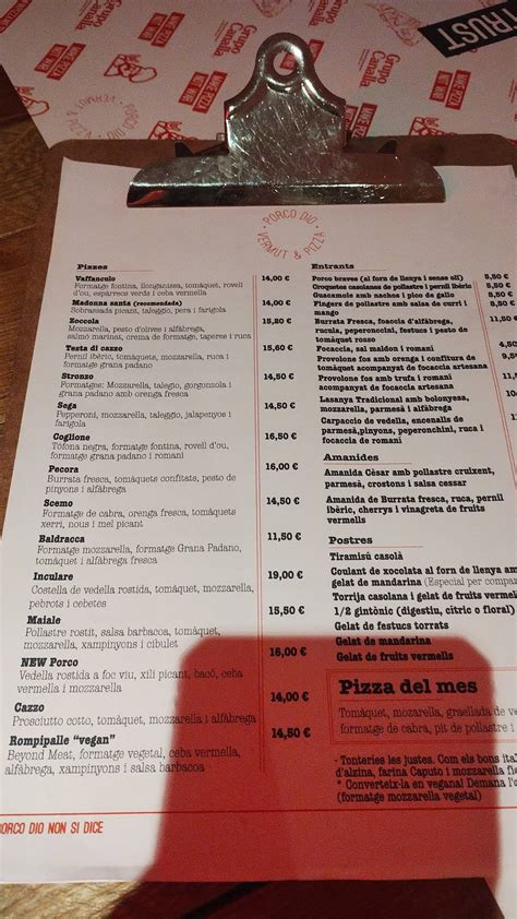 Menu at Porco Dio restaurant, Lleida